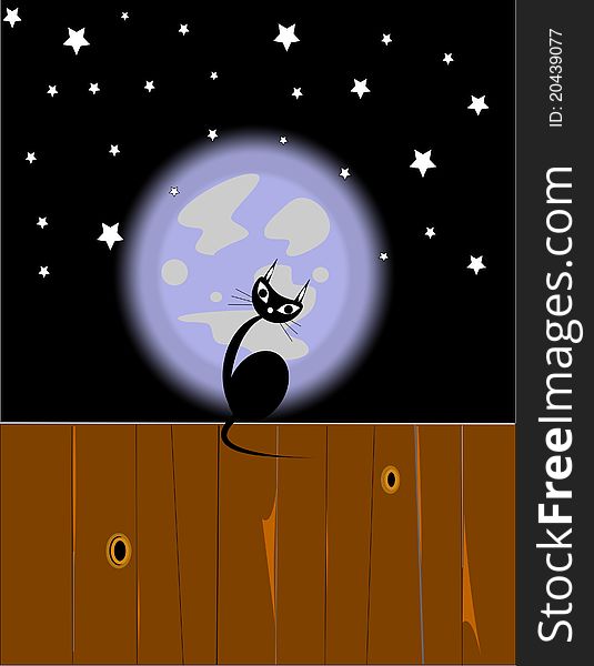 Black cat on fence with full moon behind it concept