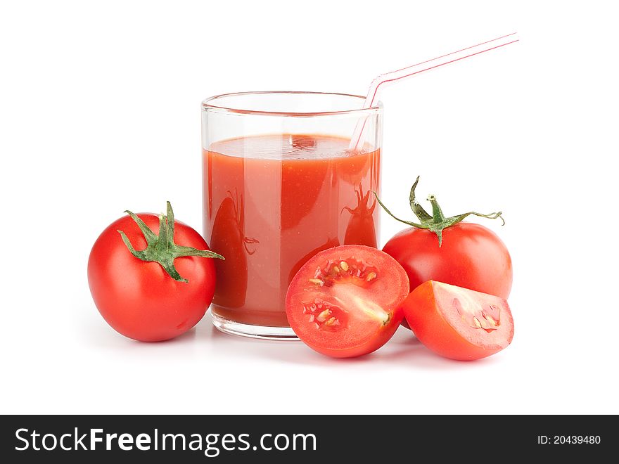 Glass of fresh tomato juice isolated on white