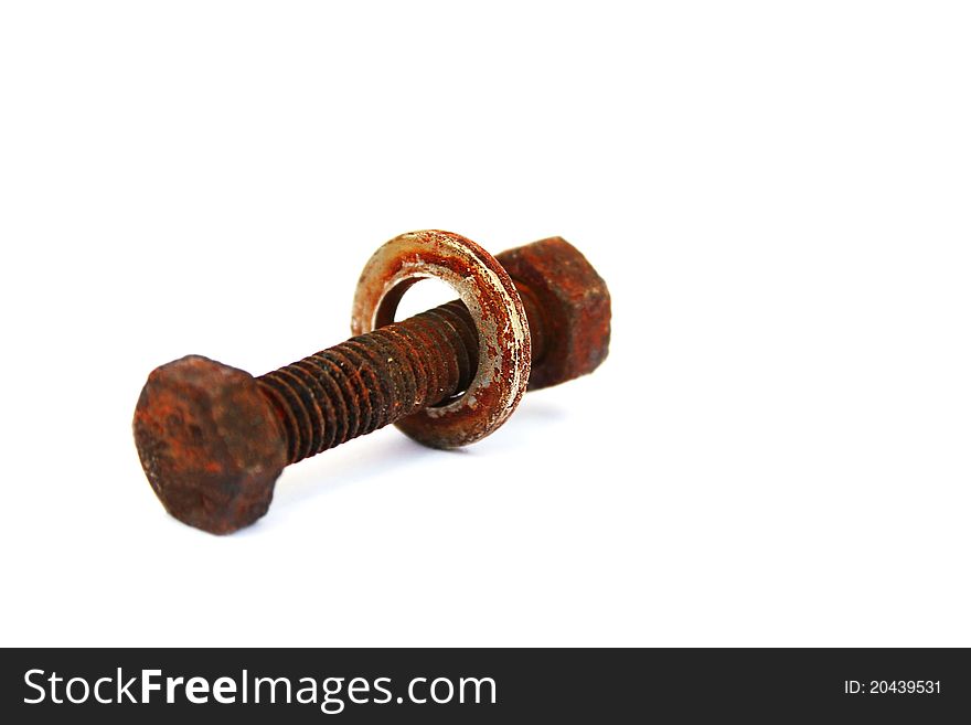 Rusty nut and bolt on white background.