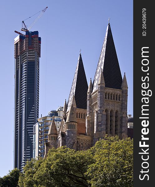 The tallest building in Brisbane being constructed near the Anglican St John Cathedral. The tallest building in Brisbane being constructed near the Anglican St John Cathedral