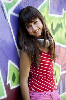 Girl With Headphones And Graffiti Wall Royalty Free Stock Photo Girl With Headphones And Graffiti Wall Royalty Free Stock Photo