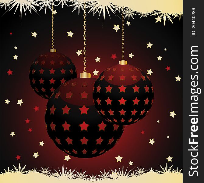 Glossy Christmas baubles wiht stars on a red background with a snowflake border. Glossy Christmas baubles wiht stars on a red background with a snowflake border