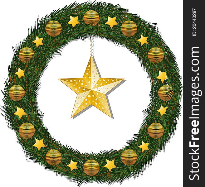 Decorated Christmas wreath with gold star on a white background. Decorated Christmas wreath with gold star on a white background