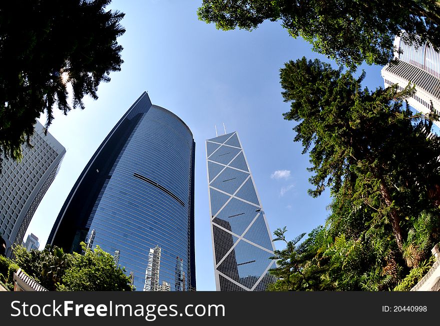Fisheye view of financial district in Hong Kong