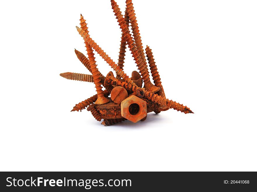 Rusty nails, nuts, bolt  on white background. Rusty nails, nuts, bolt  on white background.