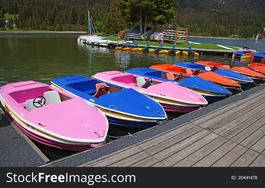 Paddle boats on the small rent station. Paddle boats on the small rent station