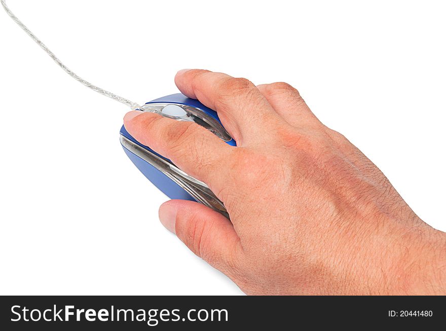 Blue-metallic computer mouse in hand isolated on white background with clipping path