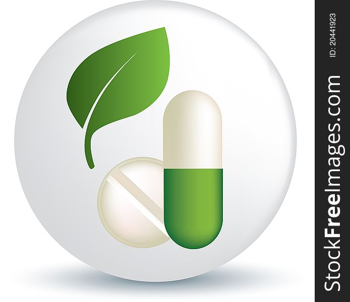 Symbol of green leaf and tablet or capsule representing green and natural medicine. Symbol of green leaf and tablet or capsule representing green and natural medicine
