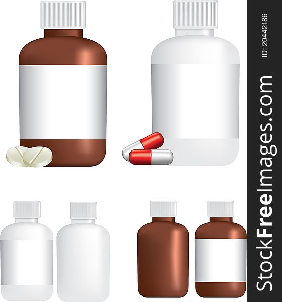 A selection of medicine or tablet bottles and pills on white background using gradient mesh. A selection of medicine or tablet bottles and pills on white background using gradient mesh