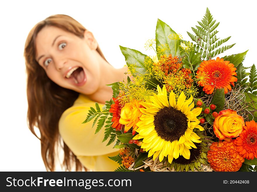 Woman holding flowers in the camera. Woman holding flowers in the camera