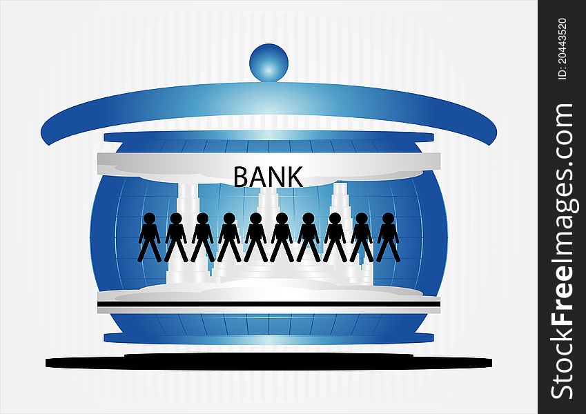 People in bank on grey background