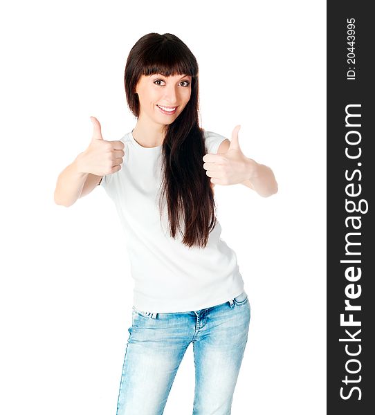 Young lady with thumb up isolated on white