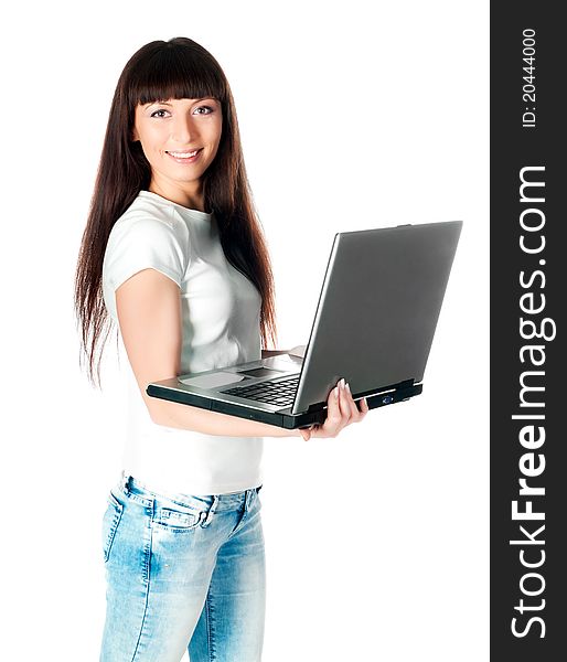 Young woman  working with laptop isolated on white