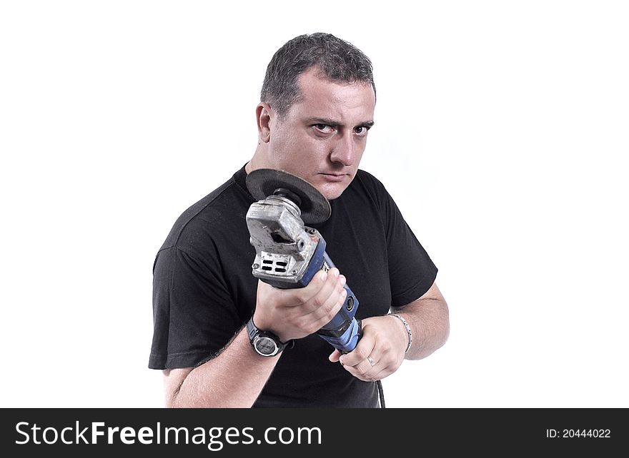 Expressive man with a grinder in his hands isolated on white.