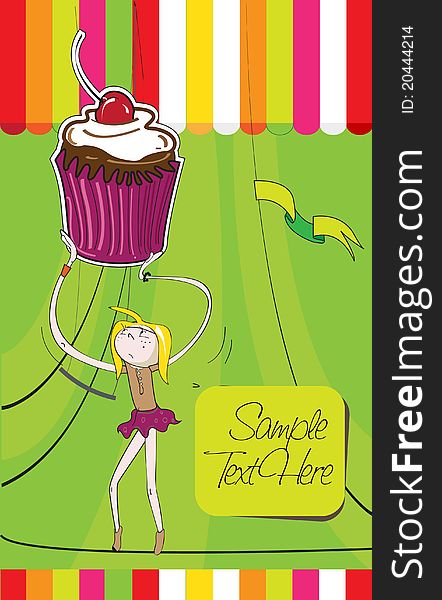 A Girl walking on Wire and Carrying a Huge Cupcake. A Girl walking on Wire and Carrying a Huge Cupcake