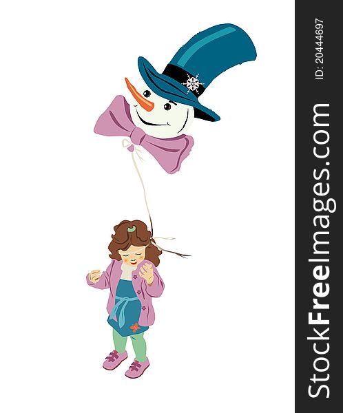 Young girl with snowman-air-balloon on a white background.