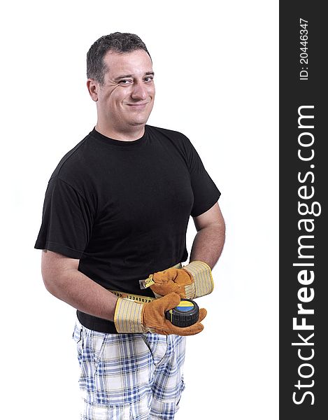 Man with a tape measure measuring his waist