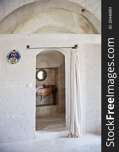 Bathroom in a limestone cave, Goreme Cappadocia, Turkey, portrait, copy space. Bathroom in a limestone cave, Goreme Cappadocia, Turkey, portrait, copy space
