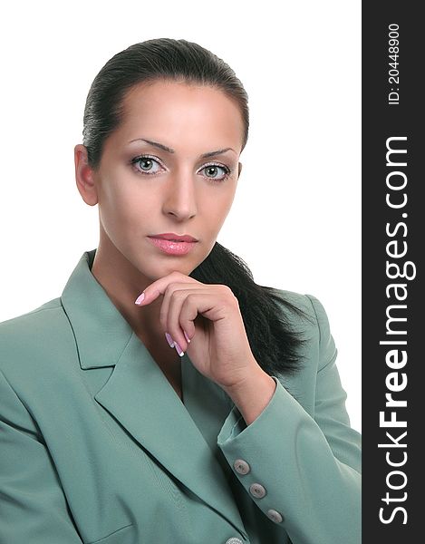 Girl in a business suit with hand. Girl in a business suit with hand