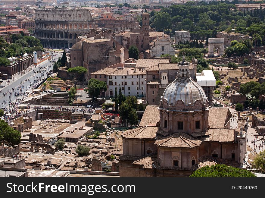 Rome view from Vittoriano with colosseum, church and part of the forum.