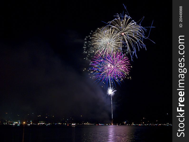 Colorful fireworks on the lake