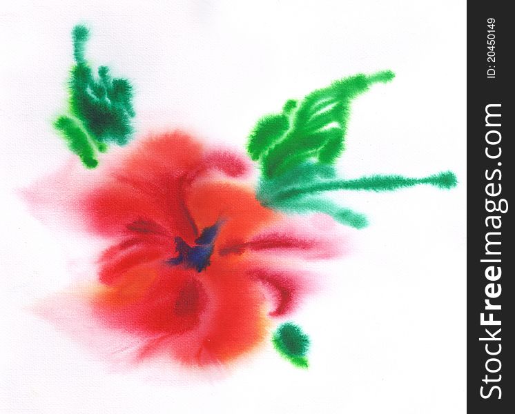 Watercolor painting of red flower with green leaves