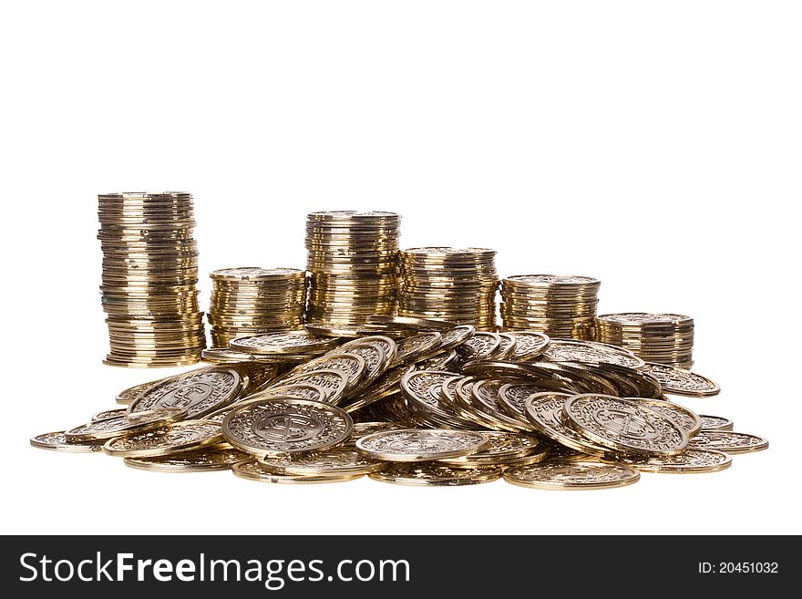 Pile of golden coins and stacks in the back isolated on a white background. Pile of golden coins and stacks in the back isolated on a white background.