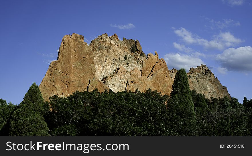 Large red rocks in garden of the gods with blue sky background, Colorado Springs, CO