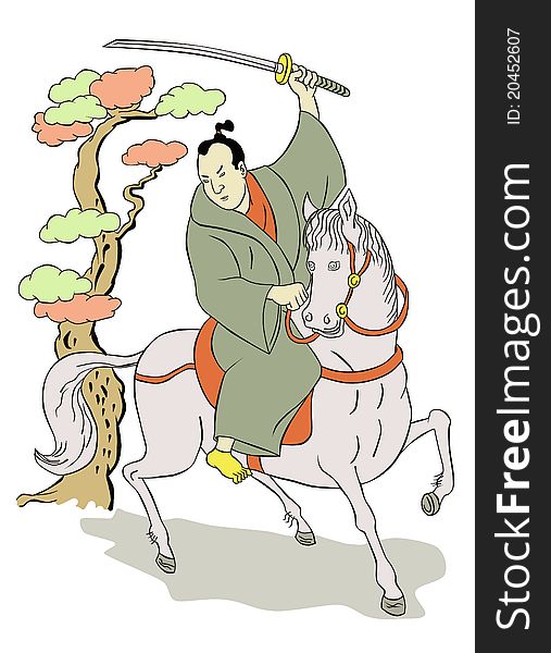 Illustration of a Samurai warrior on horseback with katana sword in fighting stance done in Japanese wood block print cartoon style. Illustration of a Samurai warrior on horseback with katana sword in fighting stance done in Japanese wood block print cartoon style