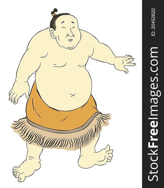 Illustration of a Japanese sumo wrestler isolated on white background done in cartoon style