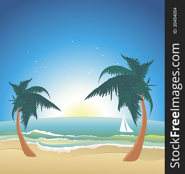 An illustration of an magic tropical night above beach with a palms. Vector (EPS 8) included and you can change colors and shapes for your design. An illustration of an magic tropical night above beach with a palms. Vector (EPS 8) included and you can change colors and shapes for your design.