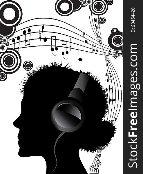 Woman silhouette with headphone and note