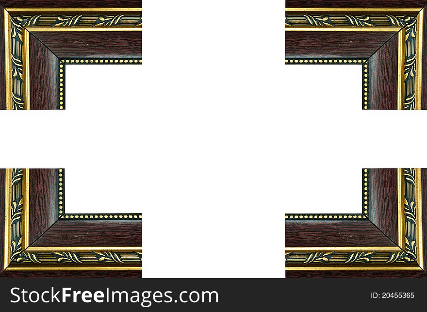 Traditional wood frame, gold stripes on a white background. Traditional wood frame, gold stripes on a white background.