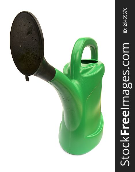 Green watering can for household use isolated on white background. Green watering can for household use isolated on white background