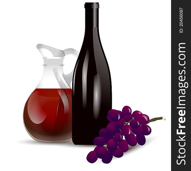 Illustration of red wine bottle and grape in front glass container in background on white. Illustration of red wine bottle and grape in front glass container in background on white