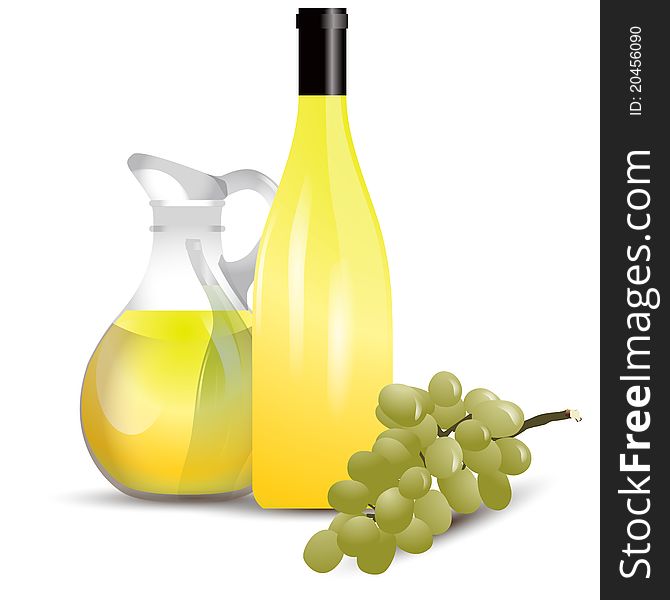 Illustration of white wine bottle and grape in front glass container in background on white. Illustration of white wine bottle and grape in front glass container in background on white