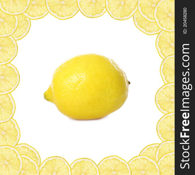 Photo of fresh yellow lemon with frame made of lemon slices. Photo of fresh yellow lemon with frame made of lemon slices