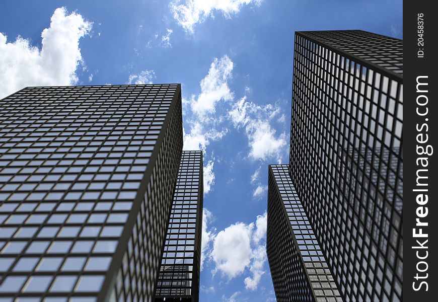 Office building on a blue cloudy sky background. Office building on a blue cloudy sky background