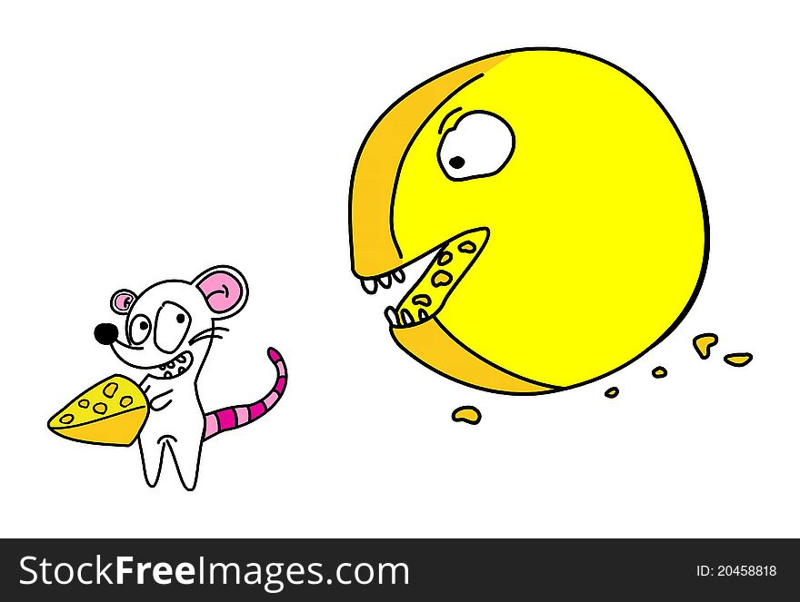 Angry cheese with hungry mouse. Angry cheese with hungry mouse