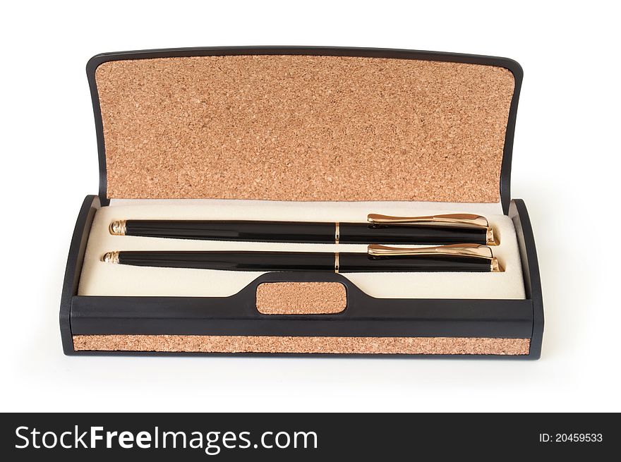 Beige and black gift box with two pen