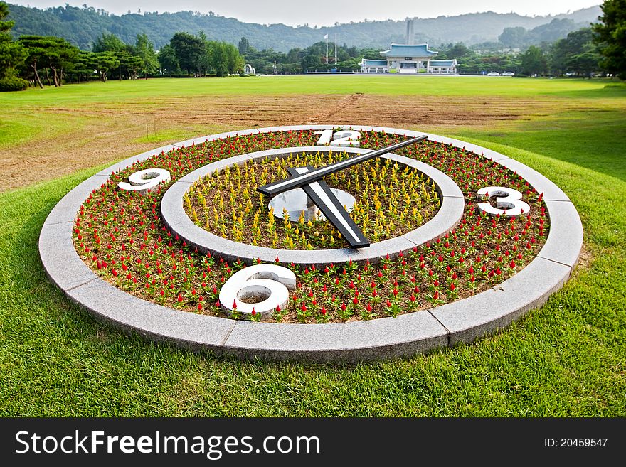 Flower Clock On Lawn Background