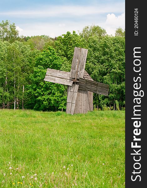 Old wooden windmill in ukrainian village