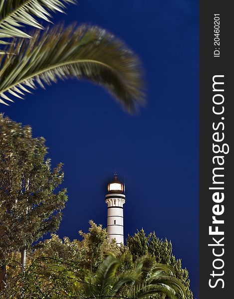 Lighthouse at night in Vila Real de Santo Antonio, Algarve, Portugal