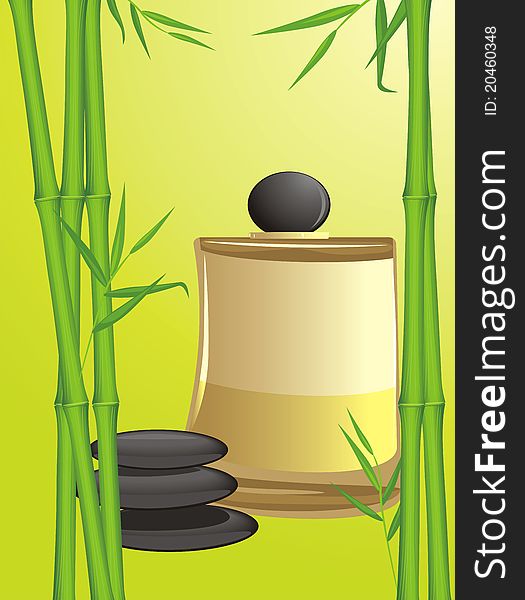Green bamboo, black stones and spa oil. Illustration