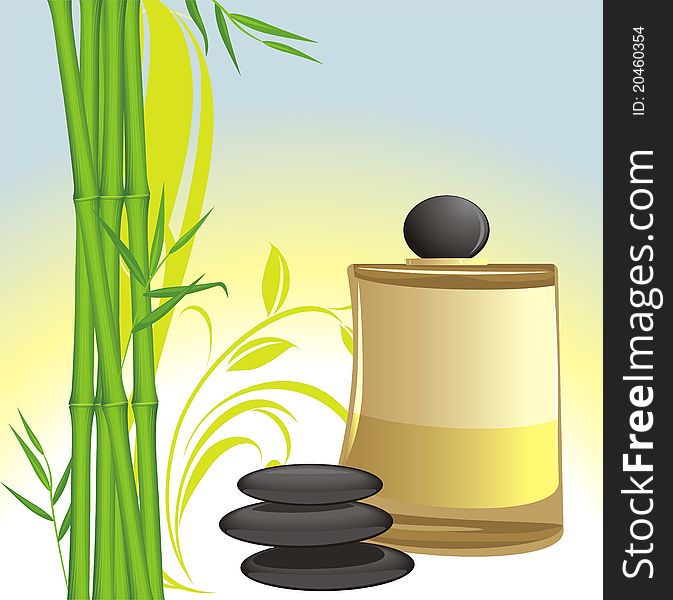 Spa oil, black stones and green bamboo. Illustration