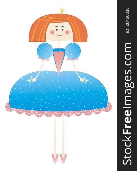 Illustration of isolated little princess in tender blue dress.