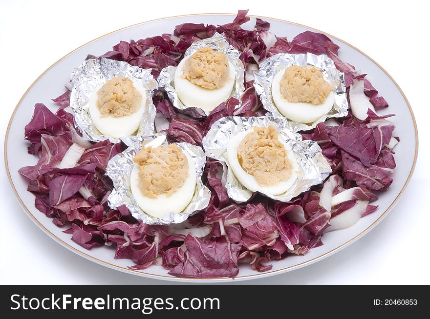Appetizer of tuna with eggs and radish