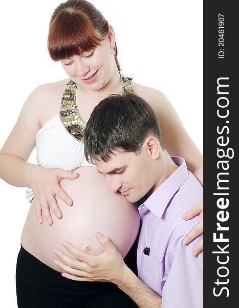 Happy pregnant couple isolated on white background