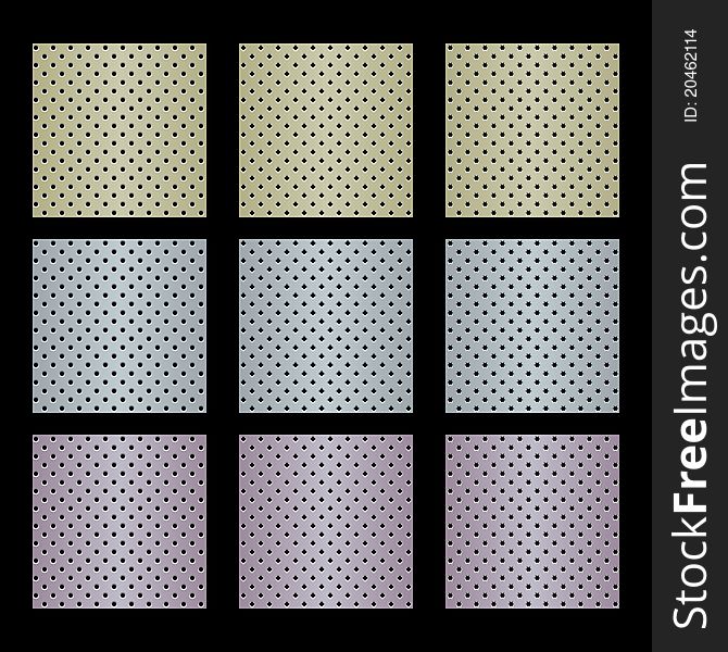 9 patterns - metal texture, 3 colors, 3 shapes of holes (vector)
