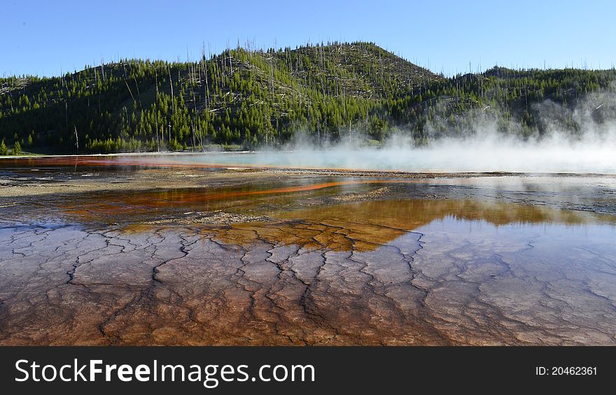 Landscape view of Grand Prismatic spring in Yellowstone National Park. Landscape view of Grand Prismatic spring in Yellowstone National Park.